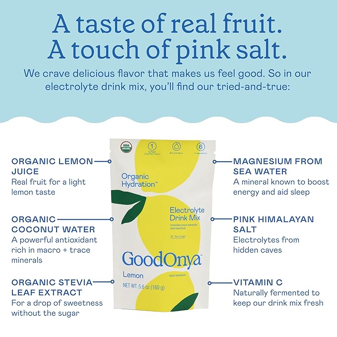 GOODONYA Organic Hydration Electrolyte Drink Mix Certified Organic Hydration Powder Non-GMO Biochecked Glyphosate Free Low Sugar Lemonade Flavor No Artificial Flavors 20 Servings