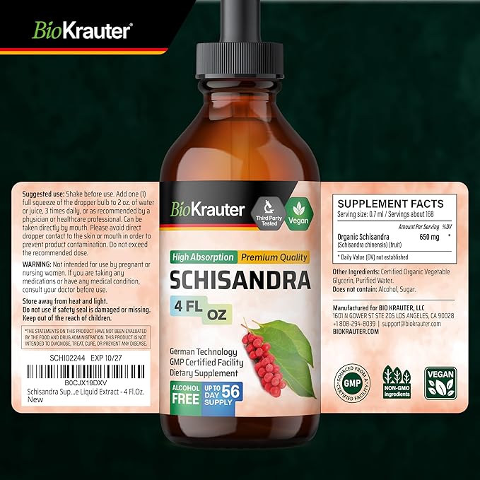 BIO KRAUTER® Schisandra - Liquid Drops Schisandra Berry 650 mg per Serving 4 Fl.Oz 56-Day Supply - Pure Vegan Calm &amp Mood Support Supplement - Alcohol &amp Sugar Free - Natural Calm Drops for Rel