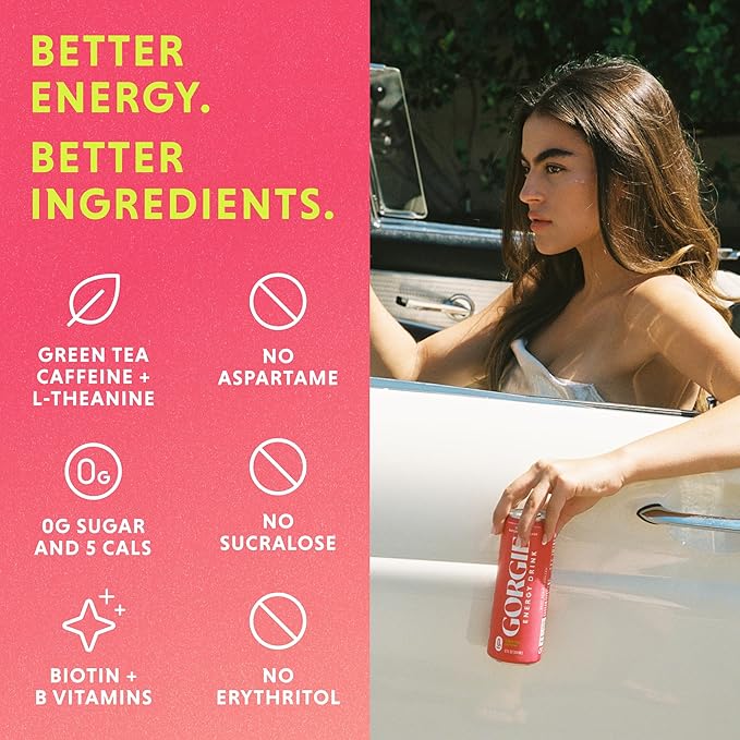 GORGIE Sugar Free Natural Energy Drinks Sparkling Watermelon Crush (12 Pack) - Healthy Energy Drink - Natural Coffee Replacement with Green Tea Caffeine and Biotin 150mg Caffeine Vegan Low Calorie