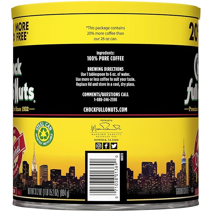 Chock Full o’Nuts Original Roast Ground Coffee Medium Roast (31.2 Oz. Can) - Coffee Beans - Smooth Full-Bodied Medium Blend with A Rich Flavor