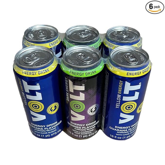 VOLT Energy Drink Mixed Pack – 16 fl. oz. (6-Pack) – 4 Cans of Guarana (Yellow Energy) &amp 2 Cans of Berries (Volt Dark Energy)