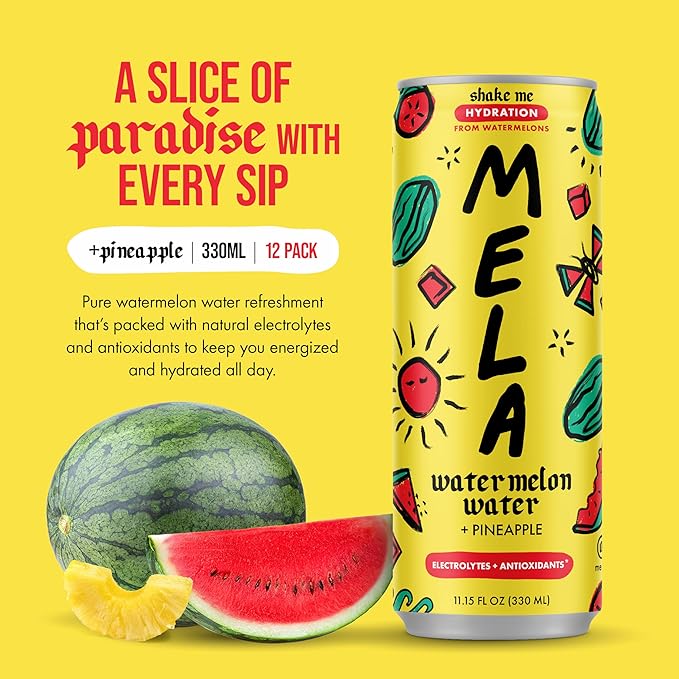 Mela Watermelon Water - Watermelon Juice 100 Percent Natural Fruit Juice with Vitamin C Electrolytes Antioxidants - Coconut Water Alternative Gluten-Free (Pineapple 11.15 fl oz 12-pack)