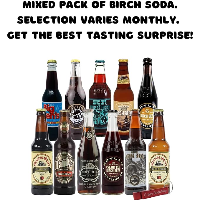 Birch Soda Variety Sampler Pack | Premium Crafted Variety Pack from Around USA | Includes Crazy Soda Pop Bottle Opener | 6 Pack