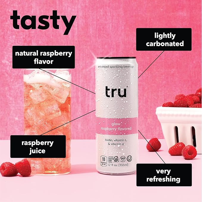 Tru Glow Seltzer Sparkling Water with Biotin Vitamin C Vitamin A &amp Real Raspberry Juice Sweetened with Monk Fruit &amp Stevia Gluten Free Vegan Caffeine &amp Sugar Free 12 FL OZ Cans 12