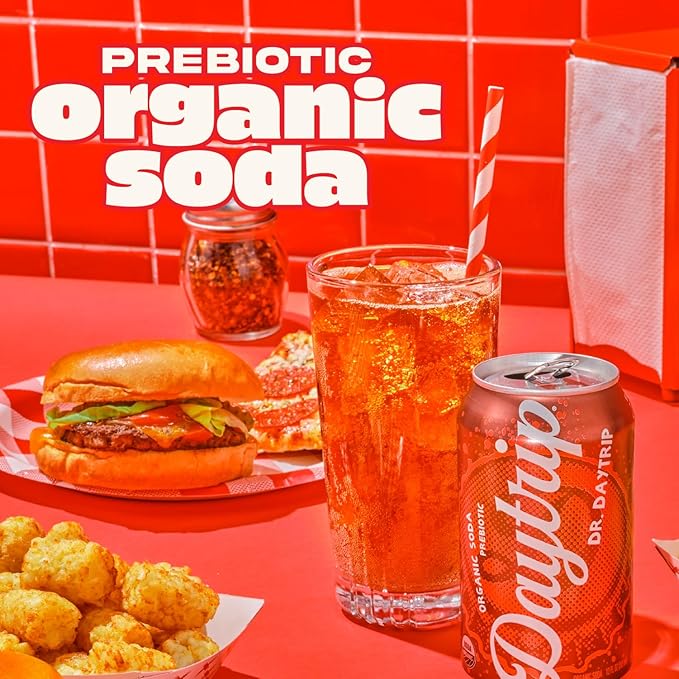 Daytrip Organic Sparkling Prebiotic Soda Low Sugar Soda and Low Calorie Healthy Soda Alternative Prebiotic Drink for Gut Health Drink and Digestion Refreshing Functional Beverage with Plant-Based F
