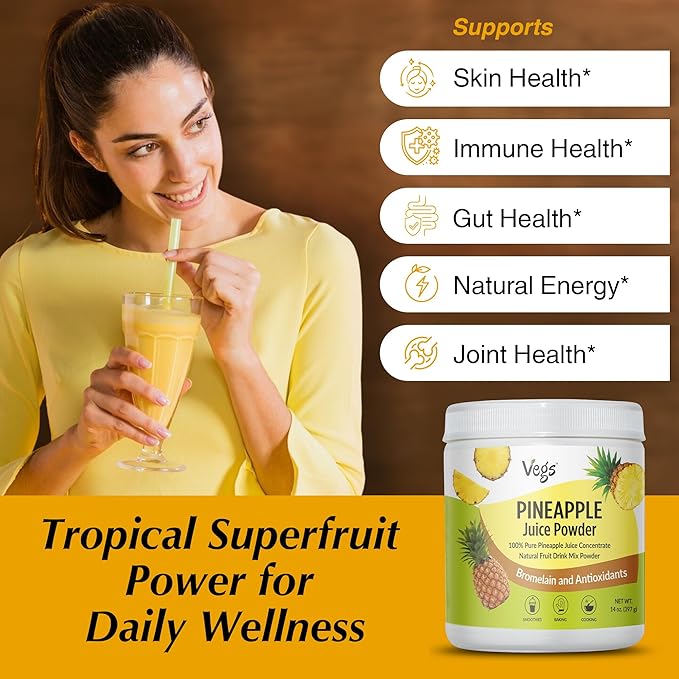 Vegs Pineapple Juice Powder - Freeze Dried Organic Pineapple Powder with Bromelain &amp Antioxidants - Sugar-Free Cold Pressed Tropical Fruit - Smoothies Drinks Cooking Baking - Vegan Non-GMO - 1