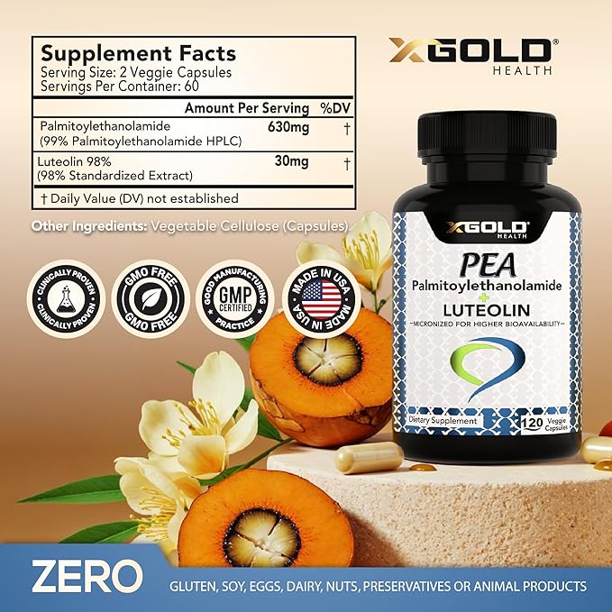 Palmitoylethanolamide 630 mg + Luteolin Standardized 98%- Micronized Pea 99% Highly Purified and Bioavailable - Made in USA - Supplement for Men and Women - 120 Veggie Capsules