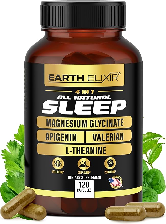 Earth Elixir 4-in-1 Sleep Aid (120 Caps) w/Apigenin 50mg Magnesium Glycinate 200mg L Theanine 200mg &amp Valerian Root for Sleep Aid 300mg | Apigenin Supplement for Sleep | Sleeping Pills