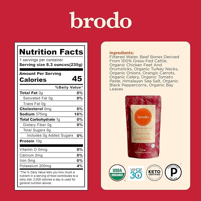 Brodo Collagen Rich Bone Broth Favorites Variety Pack Chicken Bone Broth Beef Bone Broth Hearth Bone Broth Collagen Protein Collagen Not From Concentrate No Preservatives 8 oz (Pack of 6)