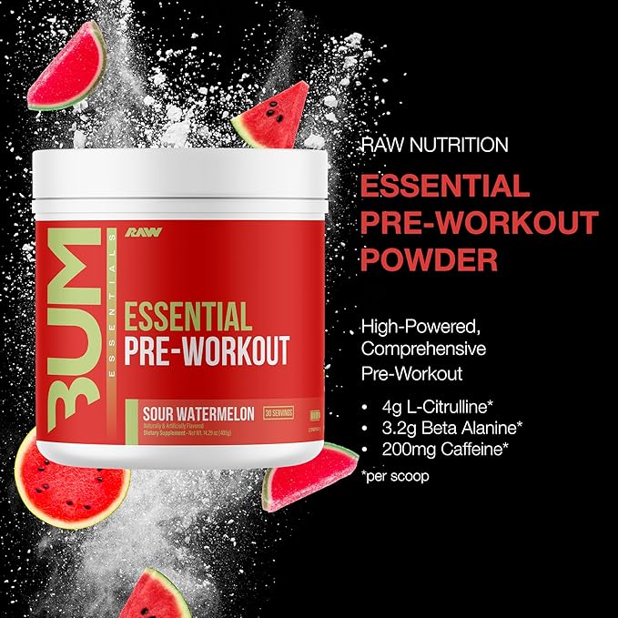 RAW Essential Pre-Workout Powder (Sour Watermelon) - Chris Bumstead Sports Nutrition Supplement for Men &amp Women - Preworkout Energy Powder with Caffeine L-Citrulline &amp Beta Alanine Blend - 2-
