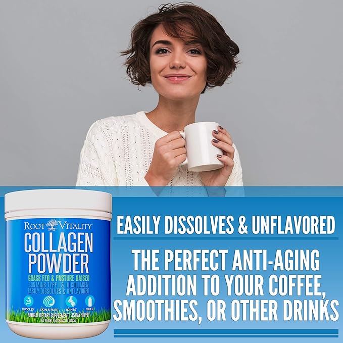Root Vitality Collagen Peptides Powder - Grass-Fed Pasture-Raised Hydrolyzed Protein Supplement for Skin Hair &amp Nails - Non-GMO Zero Sugar Daily Supplement for Men &amp Women (45 Servings)