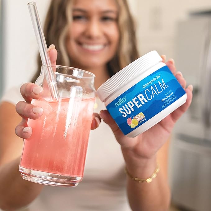 Nello Supercalm Powdered Drink Mix Yuzu Guava L Theanine Ksm-66 Ashwagandha Magnesium Glycinate Vitamin D 3 Supplements for Relaxation &amp Focus No Sugar Non GMO On The Go 30 Srvgs
