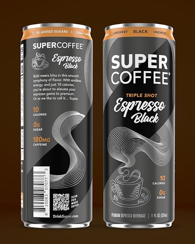 SUPER COFFEE Espresso Iced Keto Coffee (0g Added Sugar 10 Calories) [Triple Shot Black] 11 Fl Oz 12 Pack | Cold Brew Smart Coffee Drinks - SoyFree GlutenFree