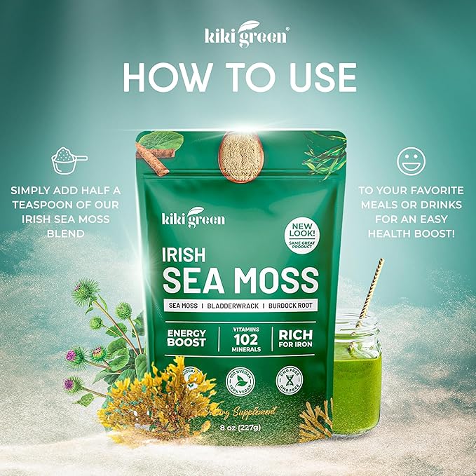 KIKI Green Irish Sea Moss Powder 8 Oz - with Bladderwrack Burdock Root Extract for Immune Support - Keto Vegan Supplement