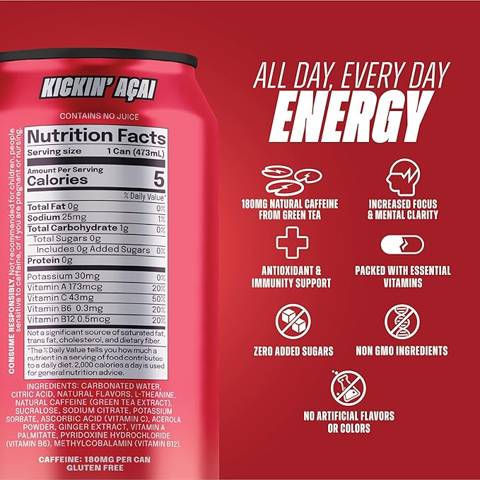 LICK Energy Drink - Zero Sugar No Crash Green Tea Caffeine (180mg) with Antioxidants and Vitamins A B6 B12 and C 16oz (12pk) - Kickin Acai