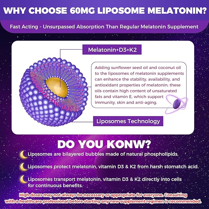 NEVISS 1Pack 60mg Melatonin Liposomal for Adults High Dose Deep Rest &amp Brain Cognition Extra Strength with Vitamin D3 K2 Chamomile for Sound Zzz Cycle Power Antioxidant 75 Softgels