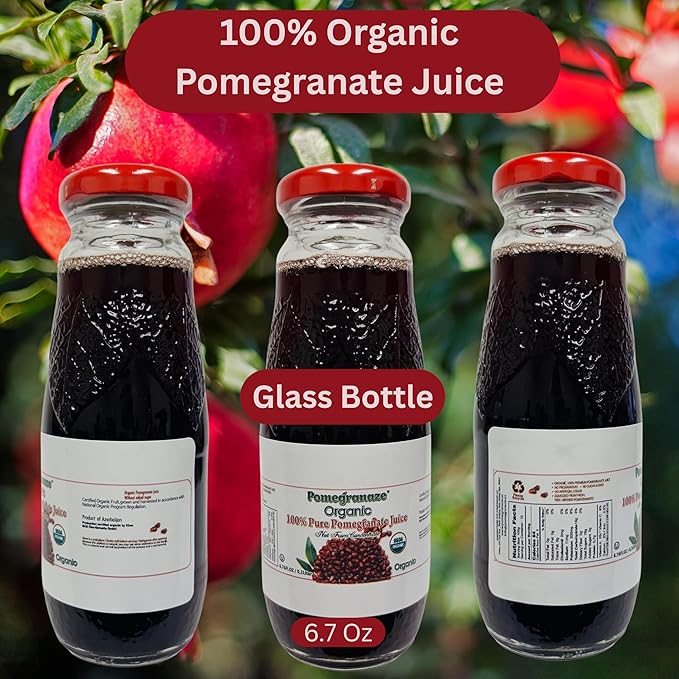 100% Organic Pomegranate Juice 6.7 Oz Glass Bottle (6 Pack) No Sugar No Artificial Colors No Preservatives No Flavors Added Gluten Free and Kosher