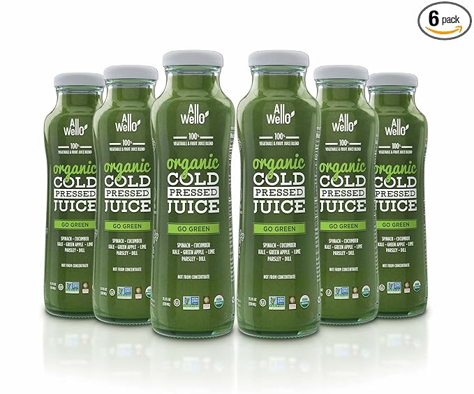 ALLWELLO Organic Cold Pressed Juice Drinks with Real Fruits and Vegetables Gluten Free Non-GMO Healthy Juices No Preservatives No Sugar Adde (6 Pack Go Green)
