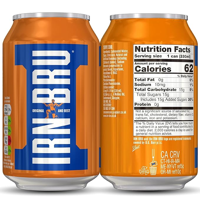 IRN-BRU Original Scottish Sparkling Soda Citrus Flavored Carbonated Drink - Sparkling Flavored Soft Drink 32 Flavor Recipe 11.1 fl oz Cans Pack of 8