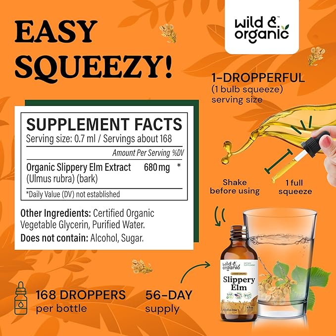 Wild &amp Organic Slippery Elm Liquid Drops - Lung Digestive &amp Women's Support - Slippery Elm Bark Supplement - Add to Tea Tincture - Ulmus Rubra Herb - Vegan Sugar &amp Alcohol-Free - 4 fl oz