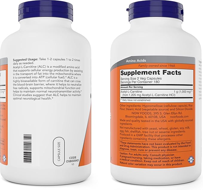 NOW Foods Now Acetyl L Carnitine 500mg 360 Veg Capsules - Non-GMO ACL 500 mg Caps