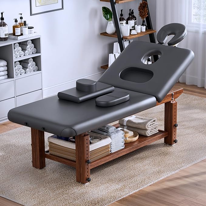 Adjustable Professional Massage Table Wood Stationary Massage Table with Adjustable Height &amp Backrest Eyelash Bed with Large Storage Space C Shape Pillow for Spa Treatment Beauty