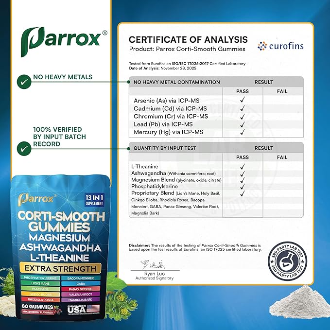 Corti-Smooth Cortisol Support Gummies with Magnesium L-Theanine Ashwagandha Phosphatidylserine Bacopa Monnieri Lions Mane Ginkgo Biloba Valerian Root (60 Gummies - Mixed Berry Flavor)