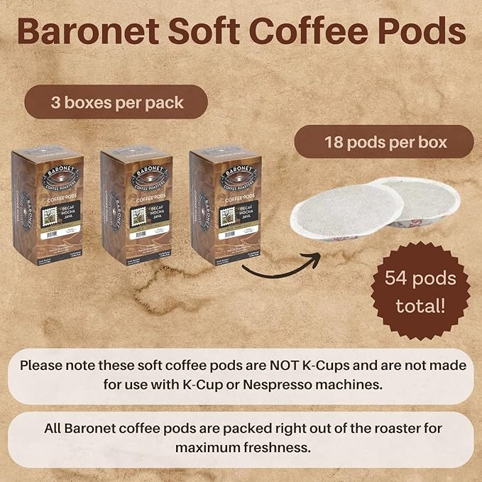 Baronet Coffee Pods [DECAF Mocha Java-54 Pods] Flavored Single Cup Use Like Senseo [3 Boxes of 18 Single Serve 10 Gram] Regular Strength Med Roast [Decaf Mocha Java]