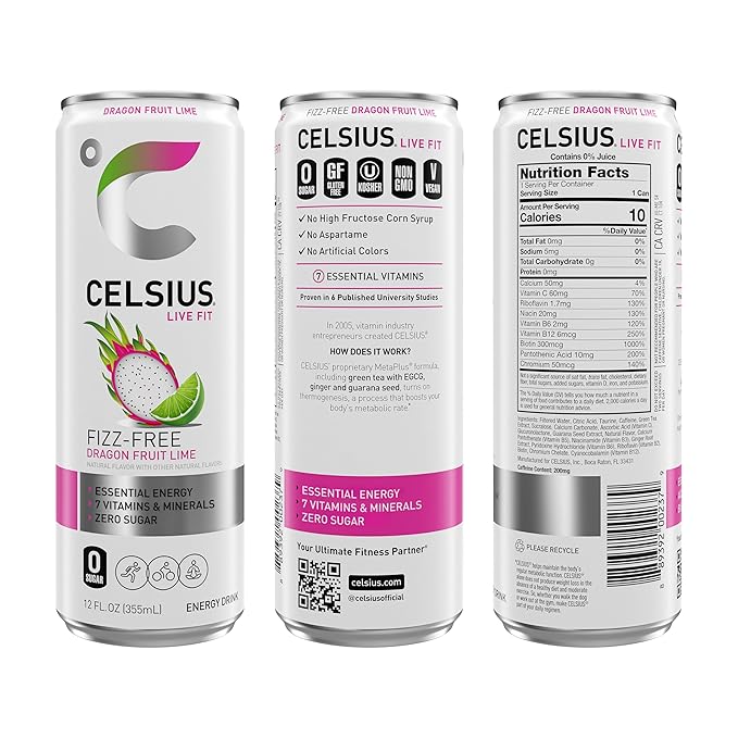 CELSIUS Fizz Free Dragon Fruit Lime Sugar Free Energy Drink 12 Fl Oz (Pack of 12)
