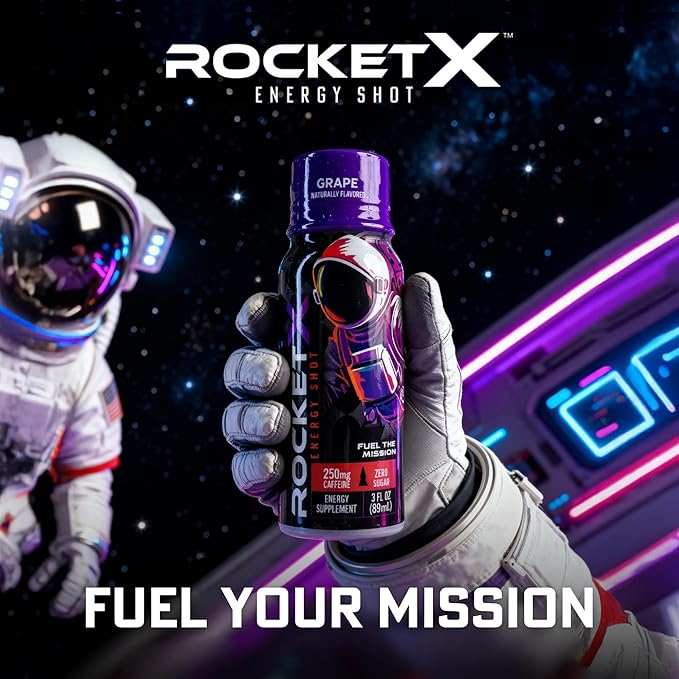 RocketX Energy Drink Zero Sugar Zero Calorie Beverage with Caffeine and B Vitamins Grape Flavor 3 fl oz Portable Bottle Pack of 12