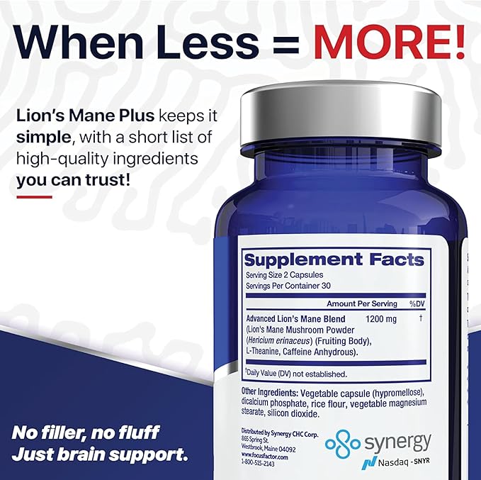 Focus Factor Lions Mane Plus Advanced Nootropic with L-Theanine Caffeine Focus and Energy (60 Count) (Pack of 3)