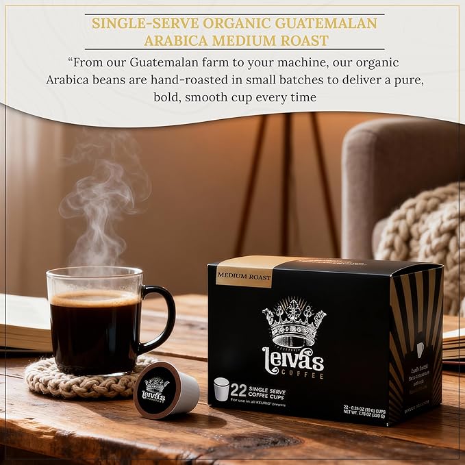 Leiva’s Guatemalan Single Serve K-cups Coffee Pods (22 Count) – Small Batch Medium Roast Capsules - Rich Bold &amp Balanced Flavor - Single Serve Pods for Keurig Coffee Machine - 0.35 Oz Cups