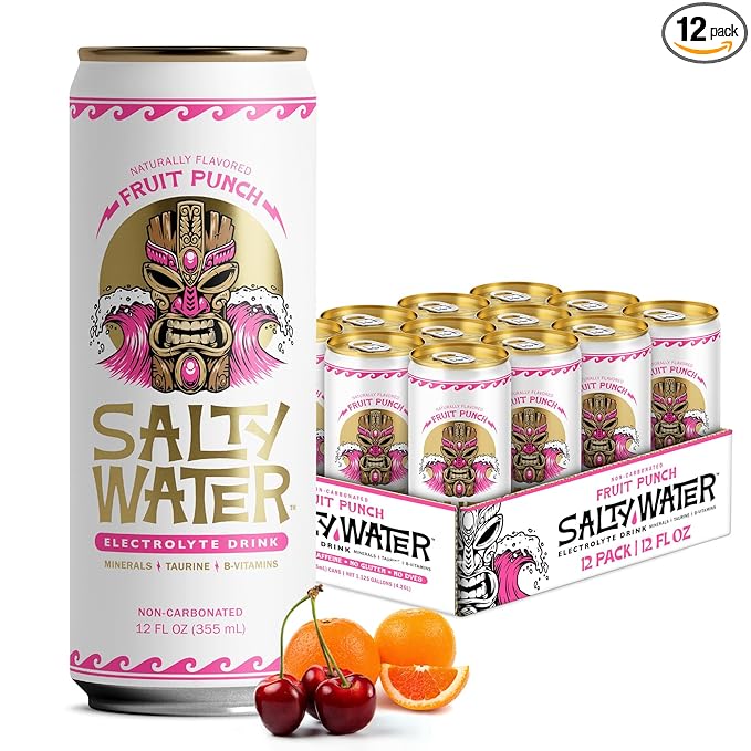 SaltyWater Electrolyte Drink Fruit Punch – Zero Sugar Premium Hydration Drink 10 Calories Minerals Taurine B-Vitamins Non-Carbonated - Zero Caffeine Electrolyte Sports Drink - Gluten Free - 12 P