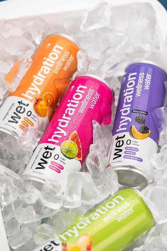 Wet Hydration | Functional Wellness Water Non-Carbonated - Peach Pineapple (12 Ounce Cans Pack of 12) - Flavored Water Hydration Drink No Sugar No Artificial Ingredients Zero Calories (Packaging