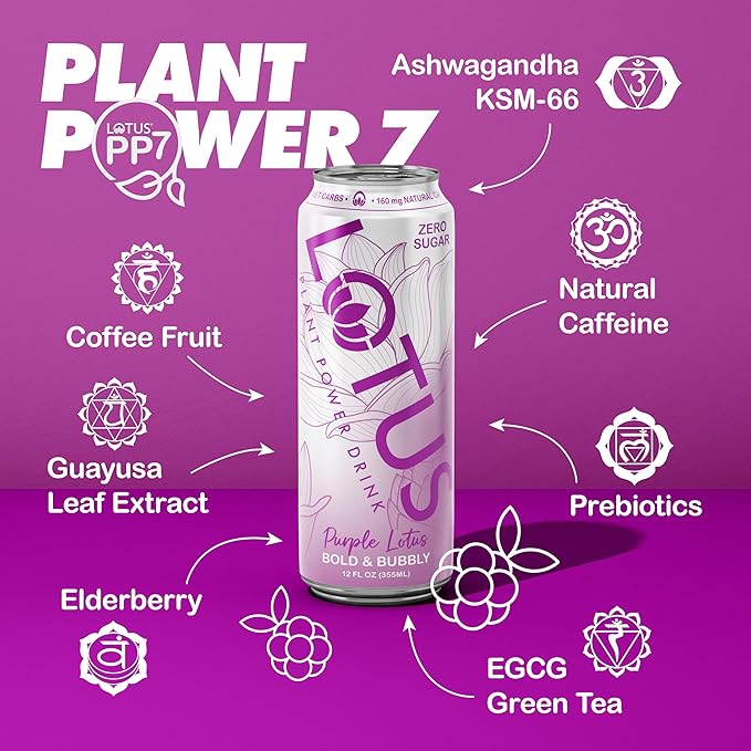 Purple Lotus Plant Power Drink™ | Sugar Free Low Calorie | 160 mg Natural Caffeine from Green Coffee Bean | Plant-Based Ingredients | Zero Sugar | 10 Calories | 12 oz Cans | 12 Count