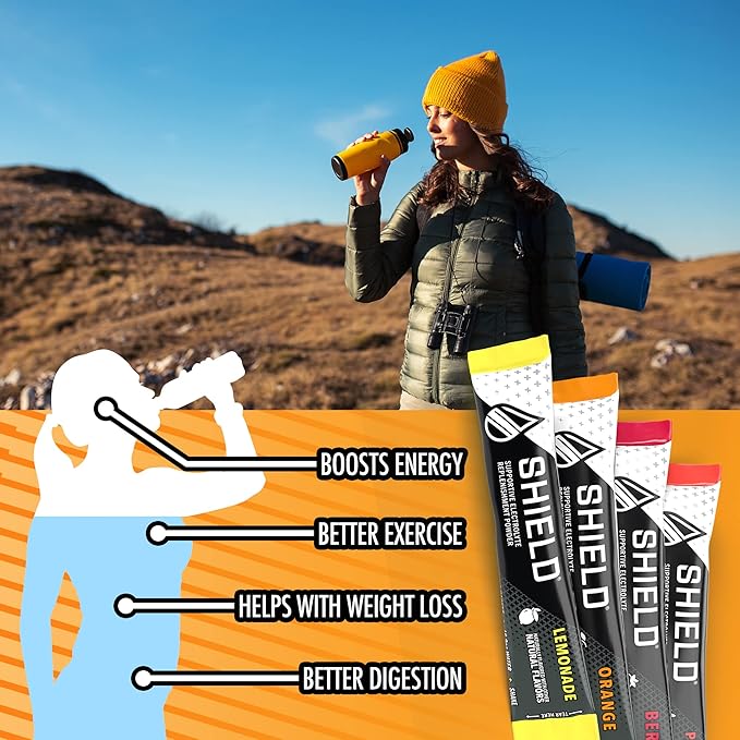SHIELD Electrolyte Powder Sticks Singles | Real Fruit Flavors | Performance Hydration | All-natural | Exercise Drink | No Caffeine | On the Go Drink (Case of 100)