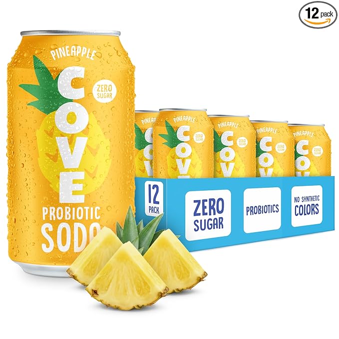 Cove Prebiotic Soda Soft Drinks with Zero Sugar - Refreshing Healthy Soda Alternative with 4g of Fiber for Digestive Support - Natural Caffeine Free Sparkling Beverage - Pineapple 12 Pack