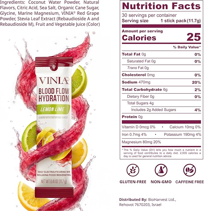VINIA Resveratrol Electrolyte Hydration Powder Mix | Boost Blood Flow &amp Circulation | Sea Salt Coconut Water Potassium Magnesium Informed Sport Certified (30 Sticks Lemon Lime)