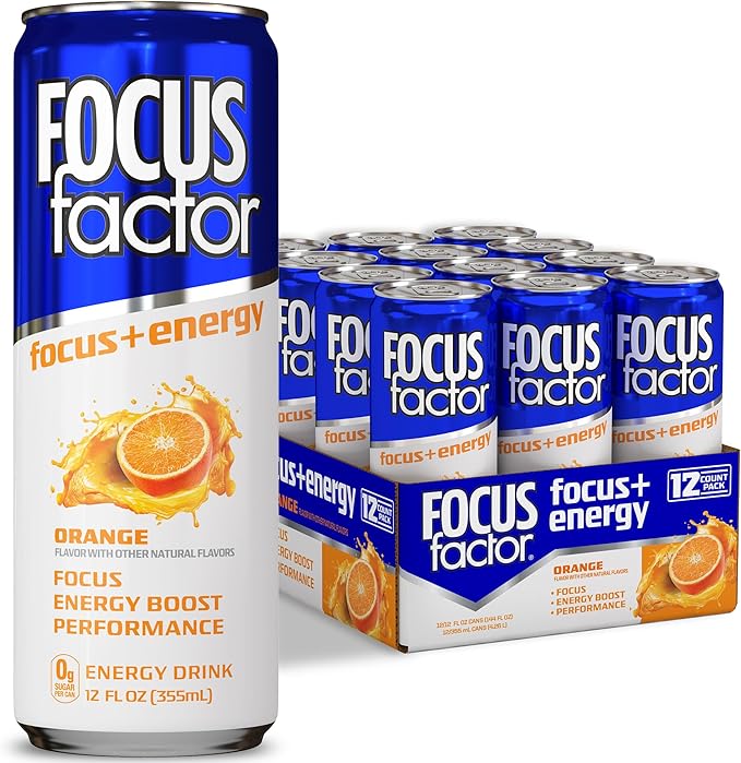 Focus Factor Energy Drink - 12 x 355ml Cans (Orange Flavour) - with Focus + Energy - Lightly Carbonated Sugar Free Low Calorie with Vitamin B6 &amp Vitamin B12