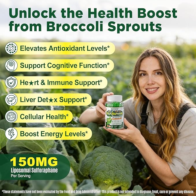 Liposomal Sulforaphane Supplement Gummies for Kids 4+ &amp Adults Broccoli Sprouts Extract w/Myrosinase Glucoraphanin Quercetin Omega-3 Vitamin C E for Antioxidant Cellular Health Vegan 120