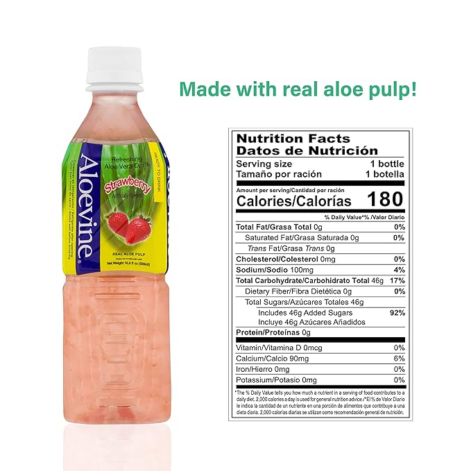 Aloevine Aloe Vera Drink Strawberry – DRINK ALOE Juice with Real Aloe Chunks | Healthy Plant-Based Korean Beverage | Aloe Vera Juice | 16.9 oz Bottles (20 Pack)