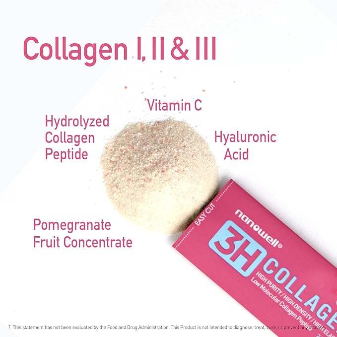 NANOWELL 3H Collagen Peptide Powder - Types I II &amp III with Vitamin C Hydrolyzed Elastin Peptide &amp Hyaluronic Acid - Supports Hair Skin Nails Joints &amp Bones - 60 Sticks 30 Day Suppl