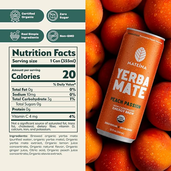 Mateina Yerba Mate Zero Sugar Energy Drink – 120mg Natural Caffeine – Organic Non-GMO Non-Carbonated – Dr. Andrew Huberman Recommended – (12 fl oz Cans 12 Pack) Peach Passion