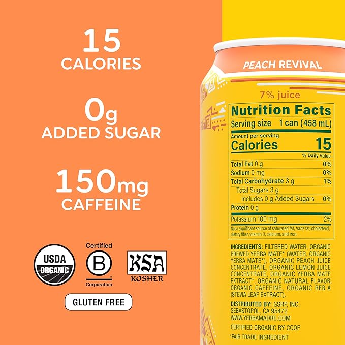 Yerba Madre Organic Yerba Mate Low Sugar Peach Revival 150mg Natural Caffeine Energy Drink Alternative No Jitters or Crash 15.5 Oz (Pack of 12)
