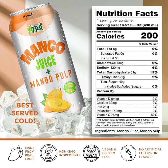 Vinut 100% Mango Juice with Pulp (16.57 fl oz Pack of 6) No Sugar Added All Nature Mango Juice Not From Concentrate Gluten Free GMO-Free High Calcium Iron