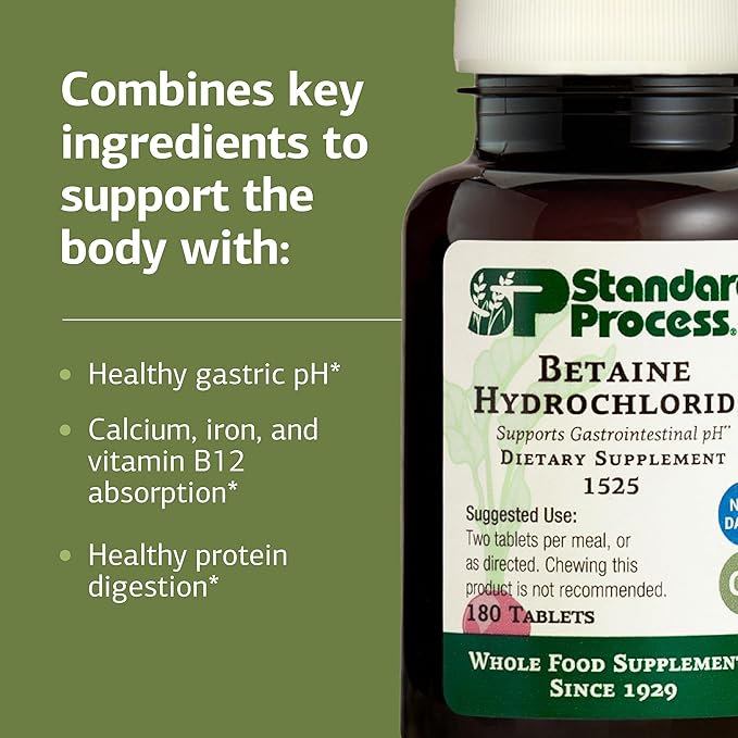 Standard Process Betaine Hydrochloride - Supplement for Gastrointestinal pH Support - Supports Digestive Health &amp Iron Absorption - Gluten-Free Non-Dairy &amp Non-Soy - 180 Tablets (90 Servings)