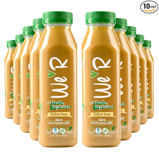 WE’R Yellow Star – 100% Fruits &amp Vegetables Juice – Orange banana pear avocado peach lemon – Cold-Pressed &amp HPP – 10 Pack – 11.2 fl oz Each (330 ml) – Nothing Added! Vegan GMO-Free Not