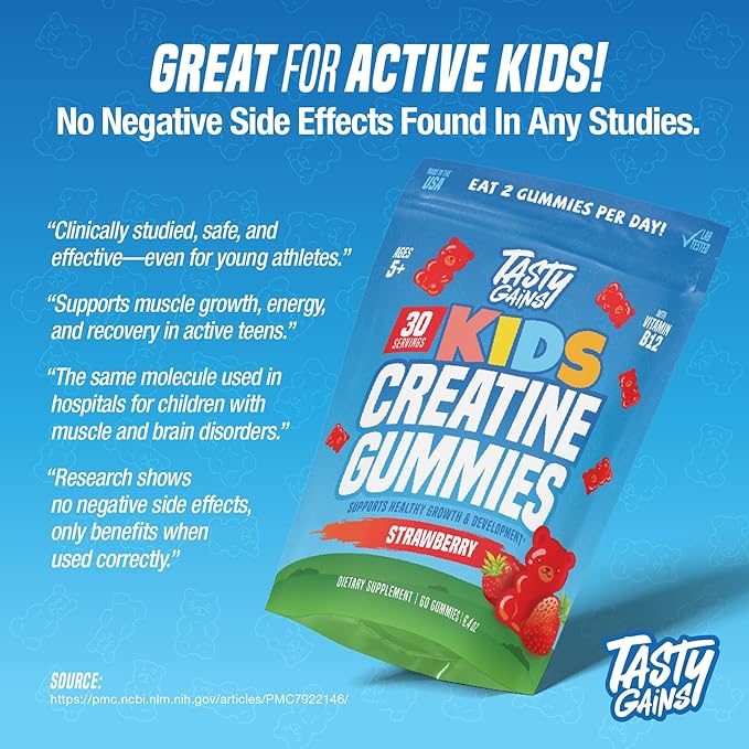 TASTY GAINS Kids Creatine Gummies with Vitamin B12 for Growth Support Kids Vitamin Gummies for Daily Nutrition Support Gummy Vitamins for Kids Easy Chew Supplement for Children