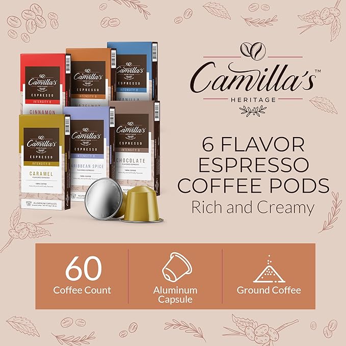 Camilla’s Heritage - Intensity 8 Flavored Espresso Coffee Variety Pack (Caribbean Spice Cinnamon Hazelnut Chocolate Caramel &amp Vanilla Espresso Cups) 60 Coffee Pods