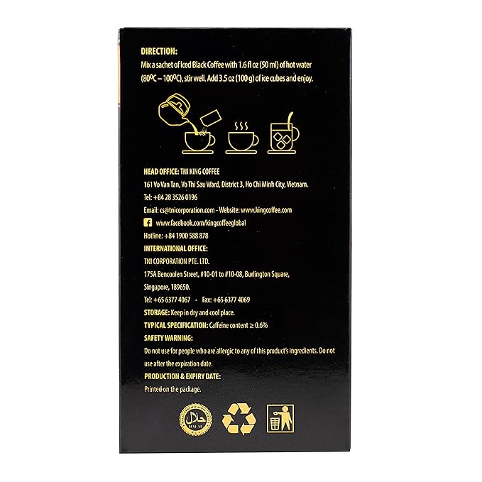 King Coffee Iced Black Instant Coffee - Finely Ground Robusta and Arabica Blend from Vietnam | 10 Sachets (0.56 oz/16g each) | 5.6 oz (Pack of 1)